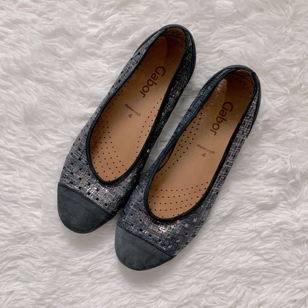 Gabor Hovercraft Metallic Navy Blue Perforated Leather Ballet Flats UK 4 US 6.5